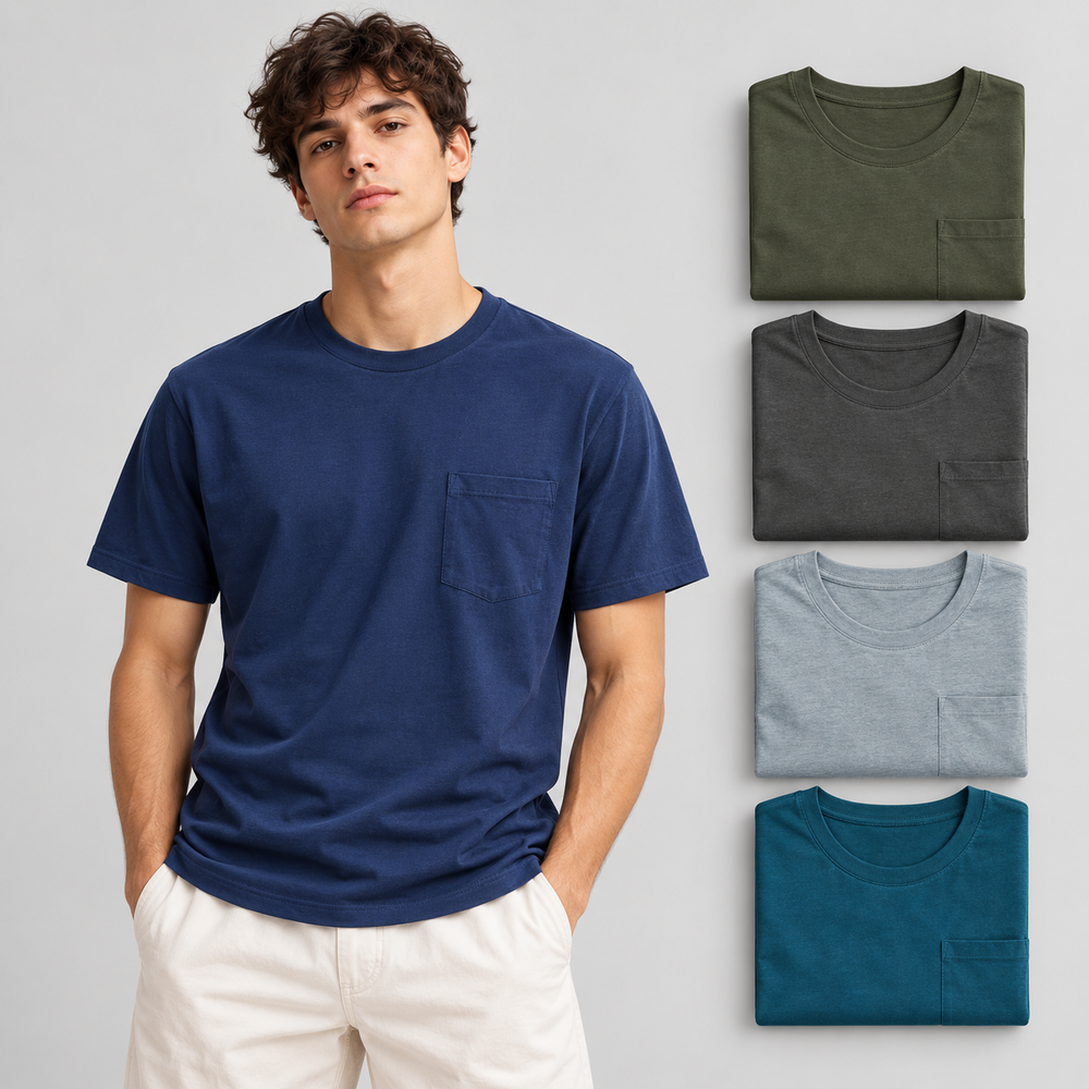 Detalle de camiseta para hombre con bolsillo y colores del pack x5