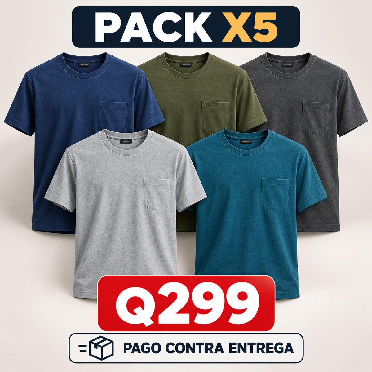 Pack x5 camisetas para hombre con bolsillo precio Q299 pago contra entrega