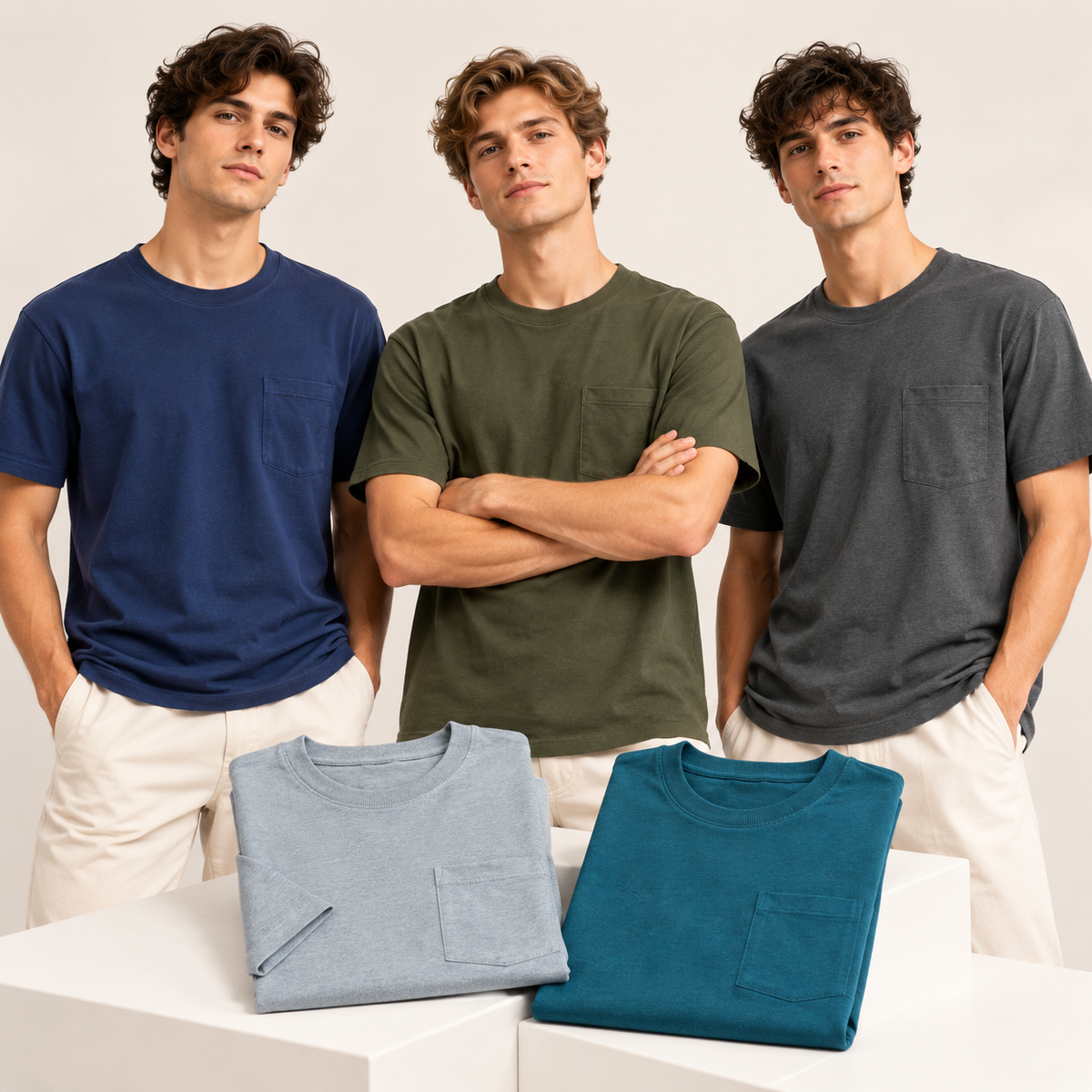 Modelos usando camisetas para hombre con bolsillo pack x5