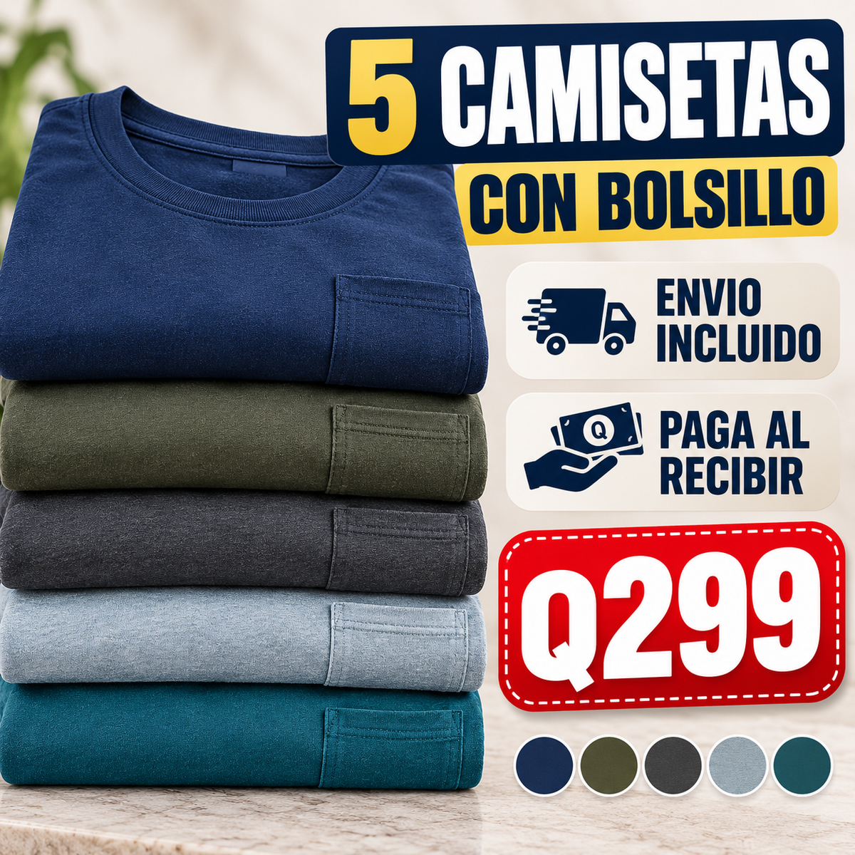 Oferta pack de 5 camisetas con bolsillo envio incluido y pago al recibir Q299