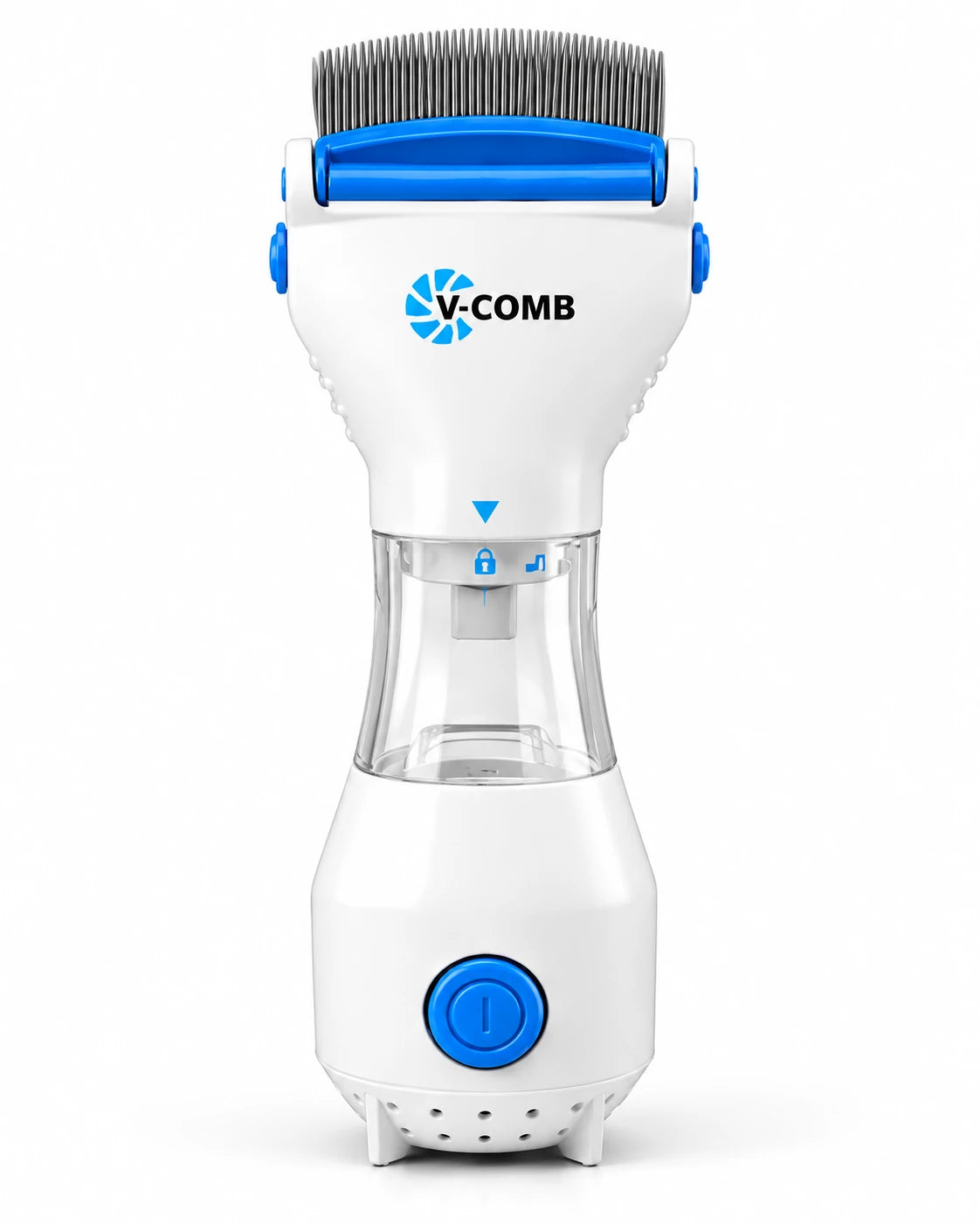 Peine aspirador V-COMB blanco y azul, vista frontal