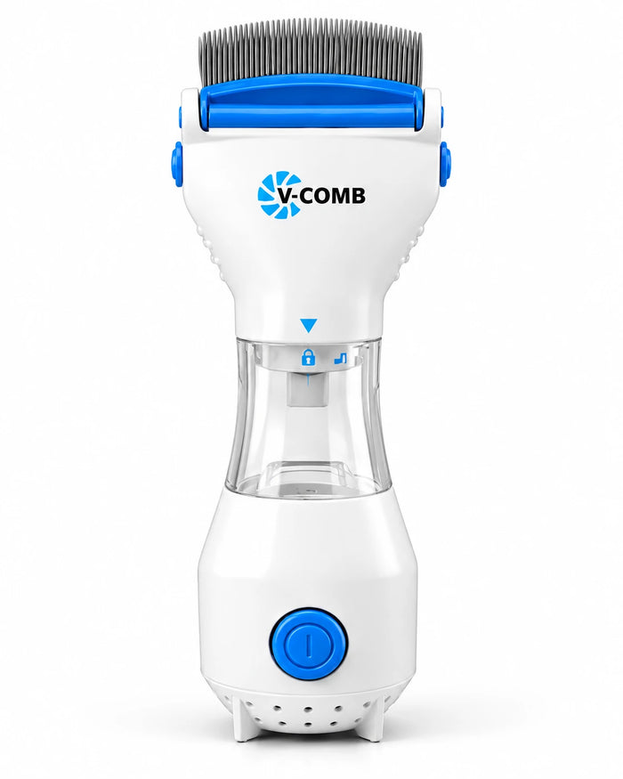 Peine aspirador V-COMB blanco y azul, vista frontal